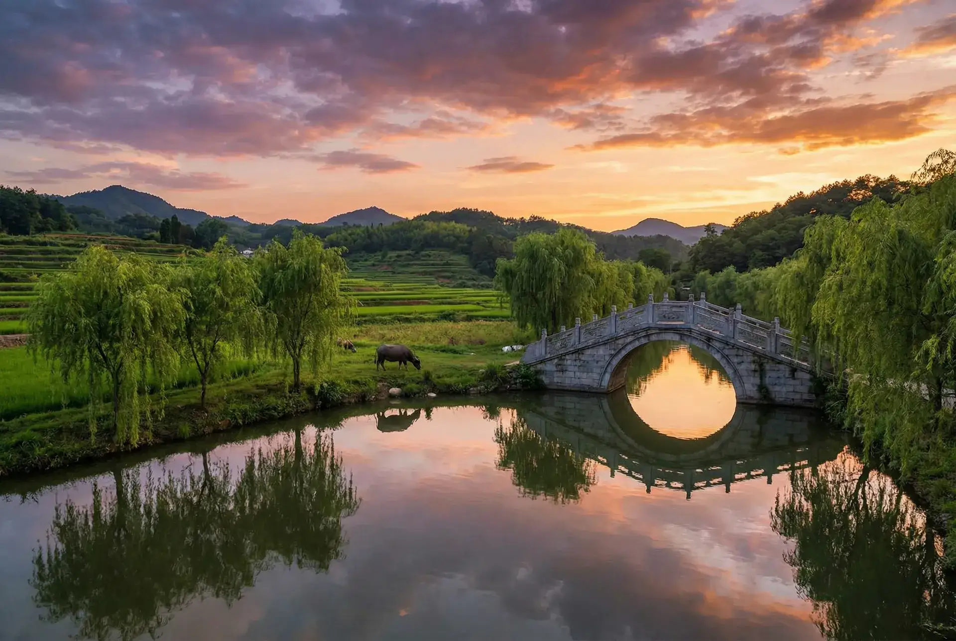 夕阳下的石拱桥与垂柳，水牛在河边吃草 - 6080影院奇领YY6080 乡村美景